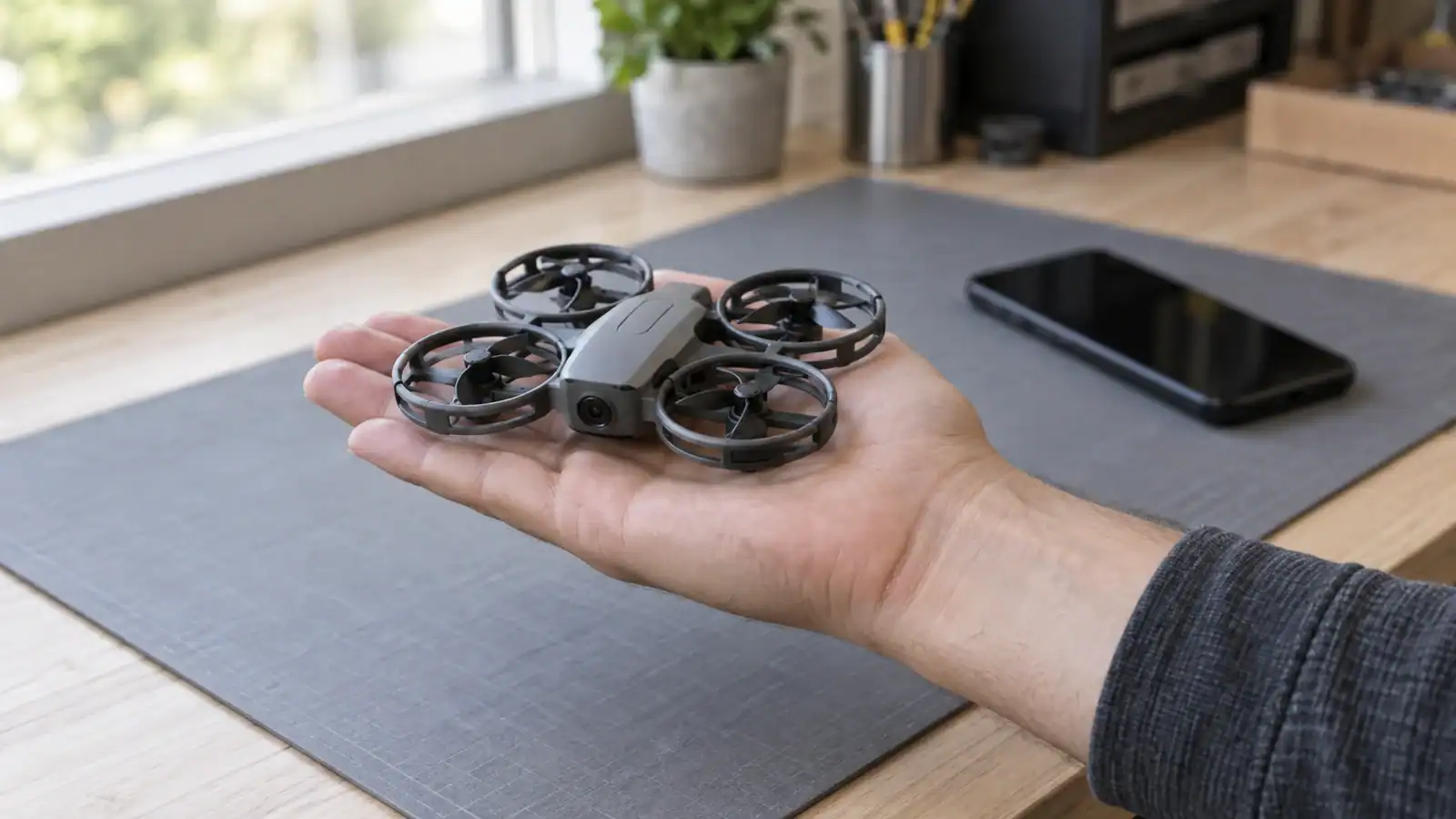 An unbranded small drone with stationary guarded rotors rests on an open palm above a workshop bench, beside a phone with a dark screen.