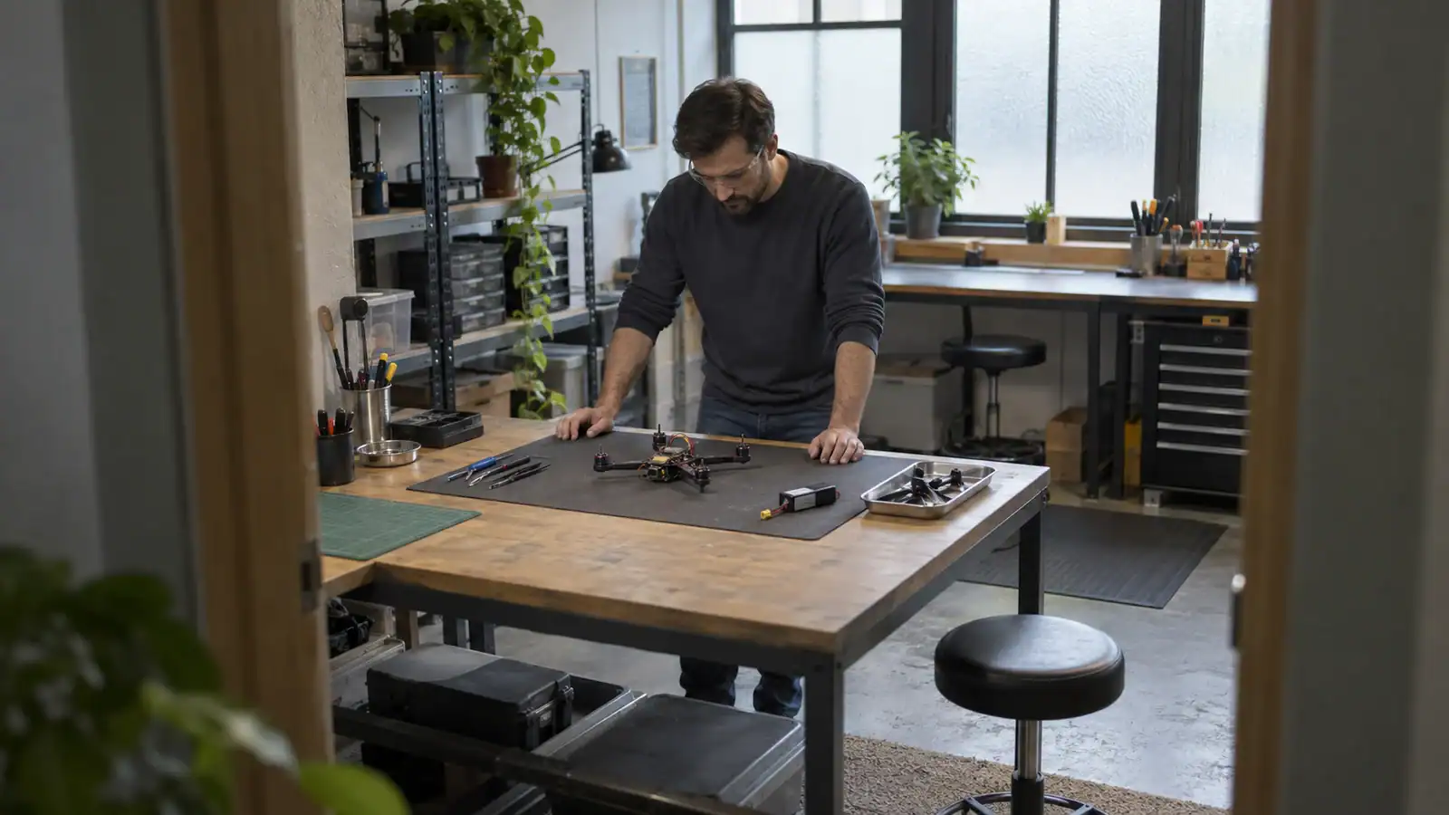 Technician wearing safety glasses examines a propeller-free quadcopter on a workshop bench, with its disconnected battery and removed propellers set aside in soft daylight.