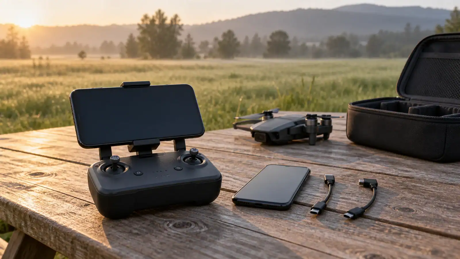 Drone controller with mounted phone, spare phone and cables arranged on a wooden table beside a folded drone in morning light.