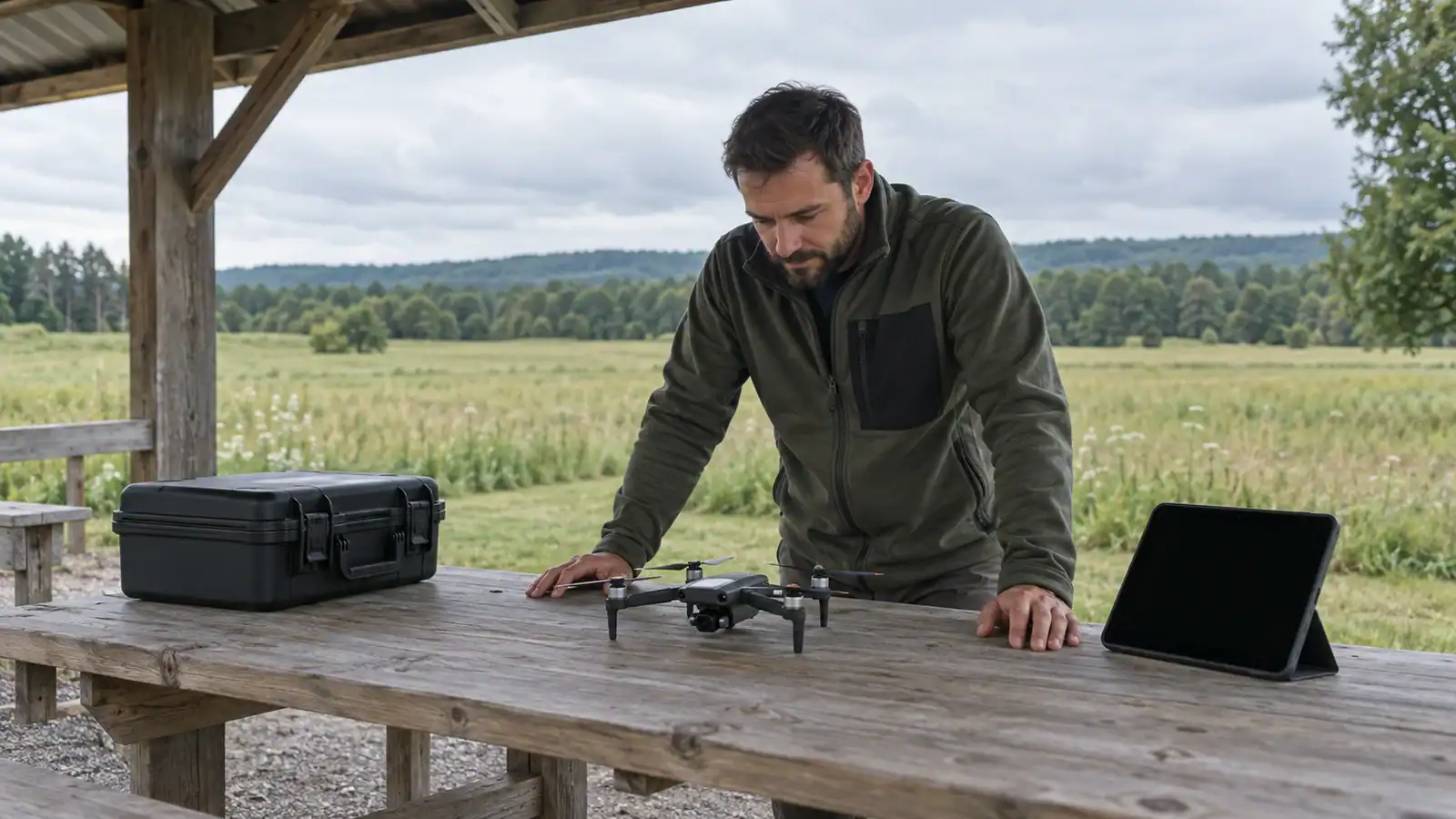 Technician inspects an unbranded camera drone on a sheltered workbench beside a dark tablet, overlooking a meadow.