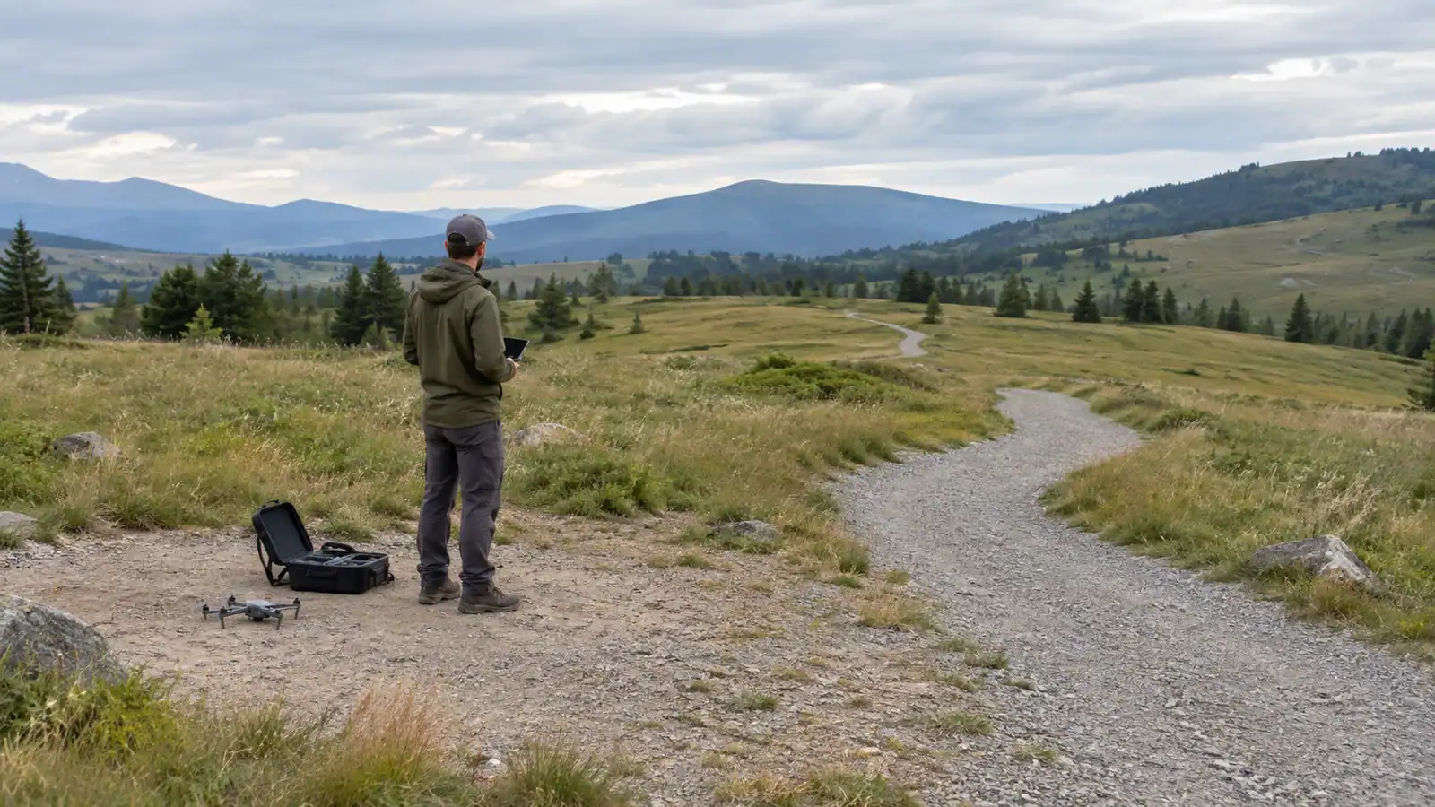 A technician holding a dark-screen device surveys a winding meadow hiking trail, with a generic drone and open equipment case on the ground under overcast skies.