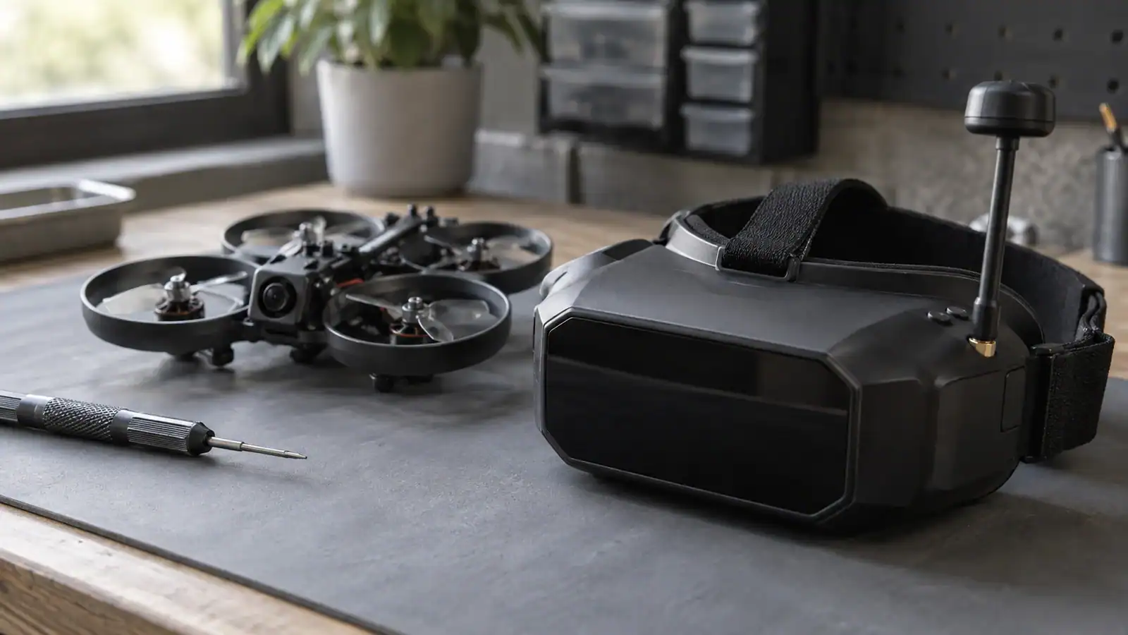 Unbranded FPV goggles with a dark screen and antenna beside a ducted quadcopter and precision screwdriver on a gray workshop mat.